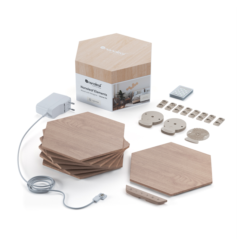Nanoleaf Elements Thread enabled wood look hexagon smart modular light panels. 7 pack. Has expansion packs and flex linker accessories. HomeKit, Google Assistant, Amazon Alexa, IFTTT.