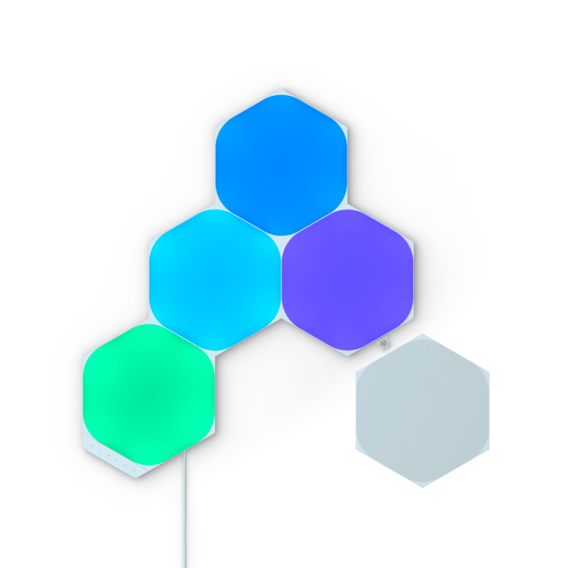 Nanoleaf Shapes Thread enabled color changing hexagon smart modular light panels. 5 pack. Has expansion packs and flex linker accessories. Similar to Philips Hue, Lifx. HomeKit, Google Assistant, Amazon Alexa, IFTTT.